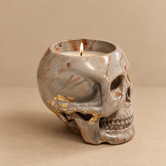 Skull Gray Gold Leaf Candle Plumeria | Handmade Decorative | 1-Wick | Brand "Sofia P."