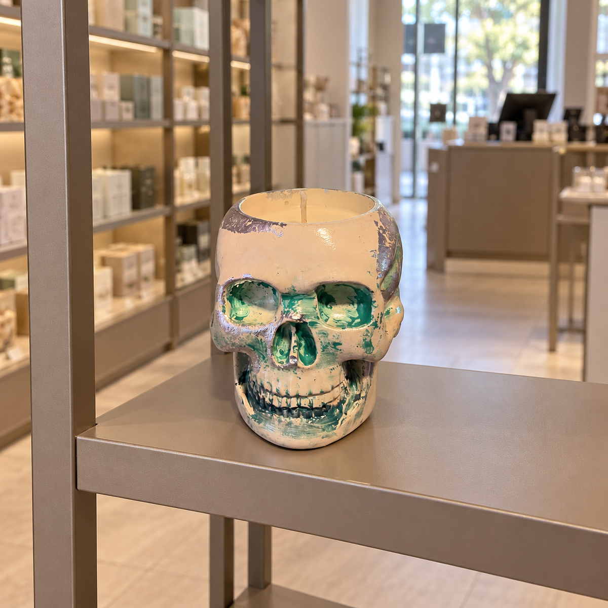 Skull White/Green Silver Leaf Candle Plumeria | Handmade Decorative | 1-Wick | Brand "Sofia P." (Copy)
