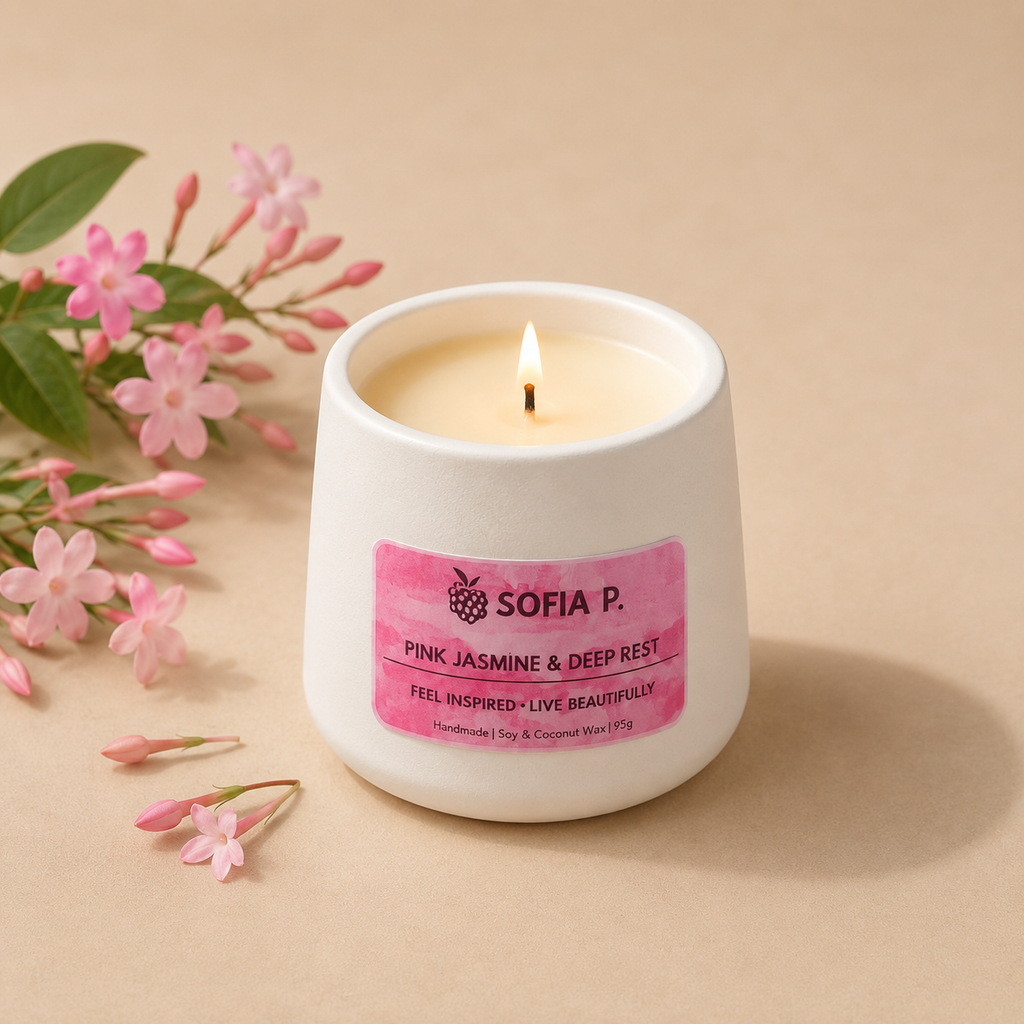Art Candle "Pink Jasmine - Deep Rest" | Soy and Coconut Wax 1-Wick | 150g | Brand "Sofia P."