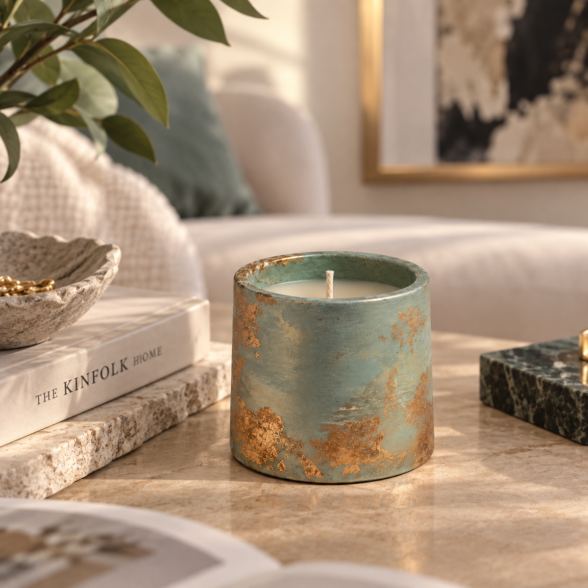Sage Green Gold Leaf Candle | Handmade Decorative | 1-Wick | Brand "Sofia P."