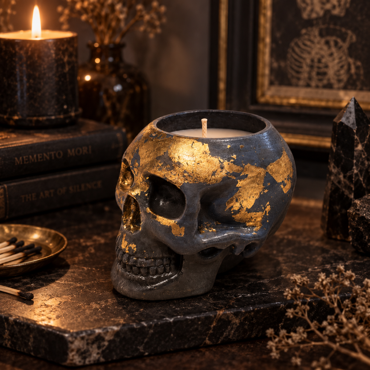Skull Navy Gold Leaf Candle Plumeria | Handmade Decorative | 1-Wick | Brand "Sofia P."