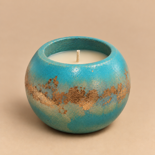 Turquoise Gold Leaf Candle Plumeria | Handmade Decorative | 1-Wick | Brand "Sofia P."
