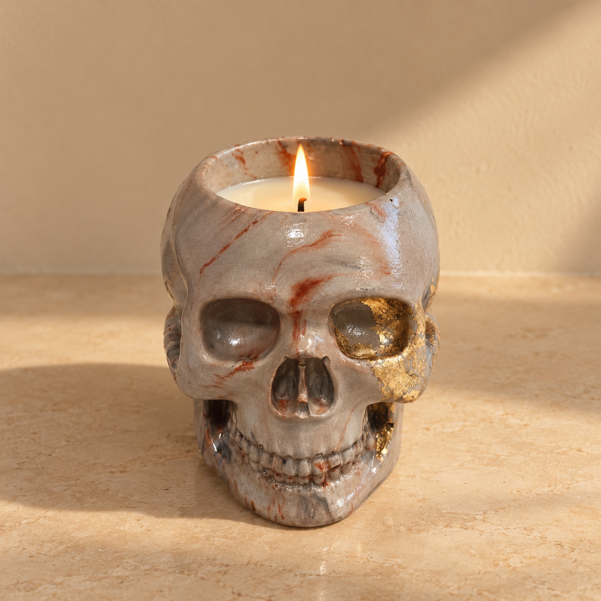 Skull Gray Gold Leaf Candle Plumeria | Handmade Decorative | 1-Wick | Brand "Sofia P."
