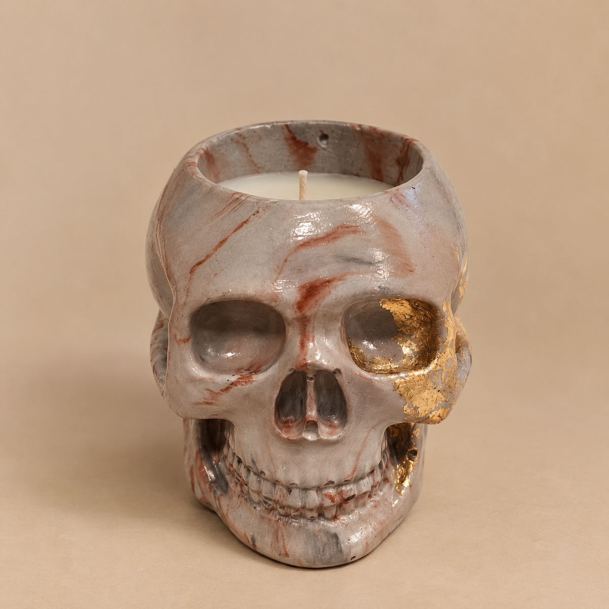 Skull Gray Gold Leaf Candle Plumeria | Handmade Decorative | 1-Wick | Brand "Sofia P."