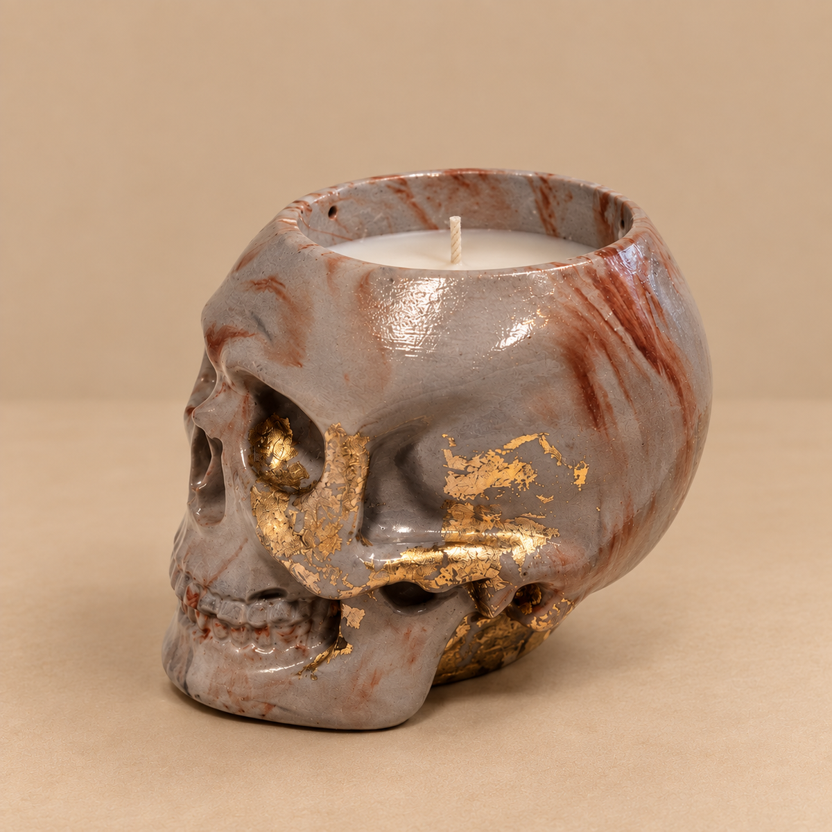 Skull Gray Gold Leaf Candle Plumeria | Handmade Decorative | 1-Wick | Brand "Sofia P."