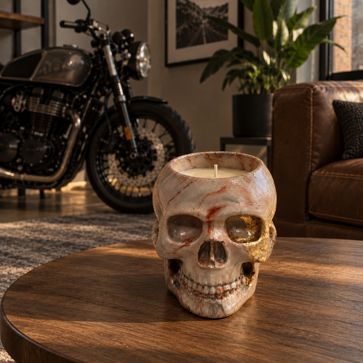 Skull Gray Gold Leaf Candle Plumeria | Handmade Decorative | 1-Wick | Brand "Sofia P."
