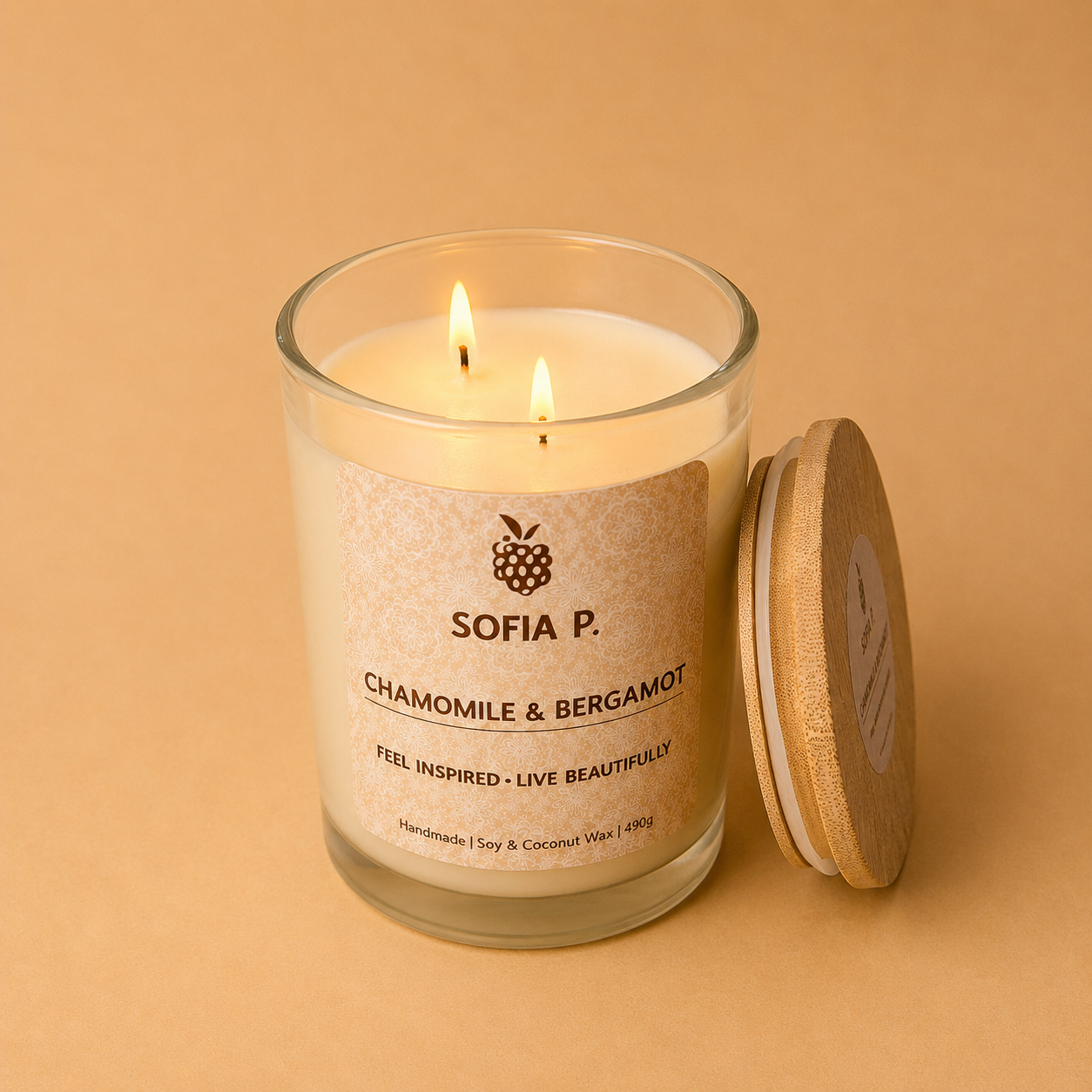 Candle "Chamomile and Bergamot" | Soy & Coconut Wax 2-Wick | 490g | Brand "Sofia P."