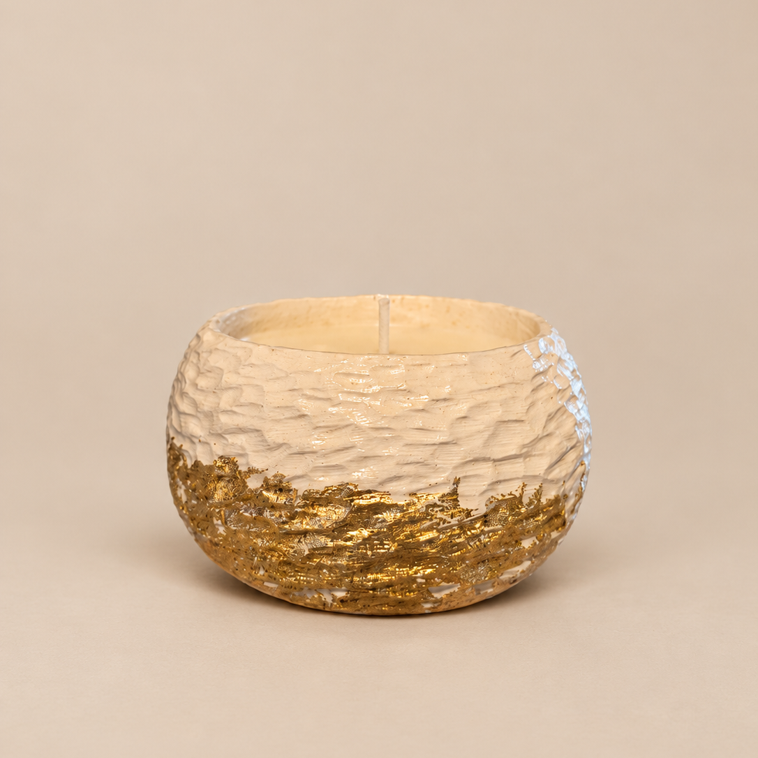Carved Gold Leaf Candle "White Nest" Plumeria | Handmade Decorative | 1-Wick | Brand "Sofia P."