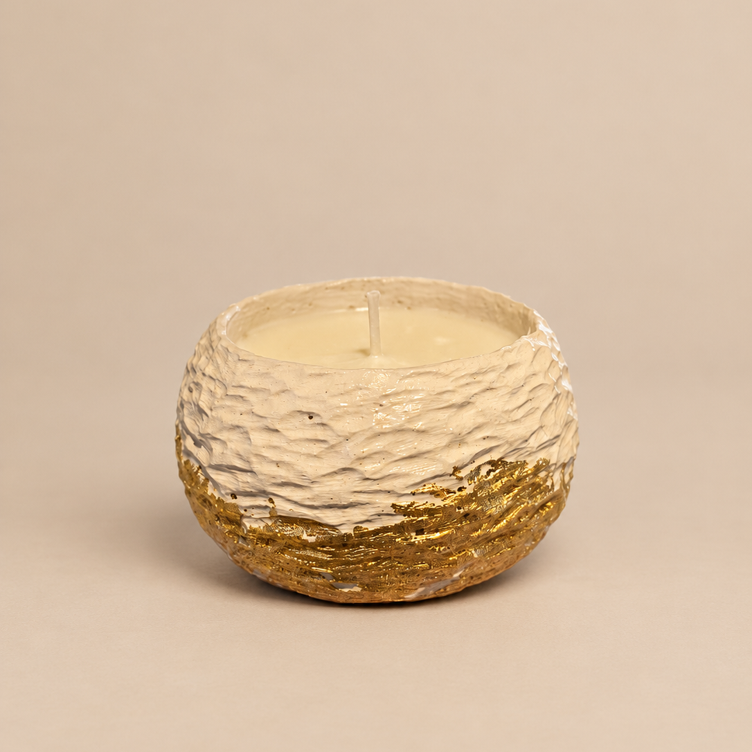 Carved Gold Leaf Candle "White Nest" Plumeria | Handmade Decorative | 1-Wick | Brand "Sofia P."