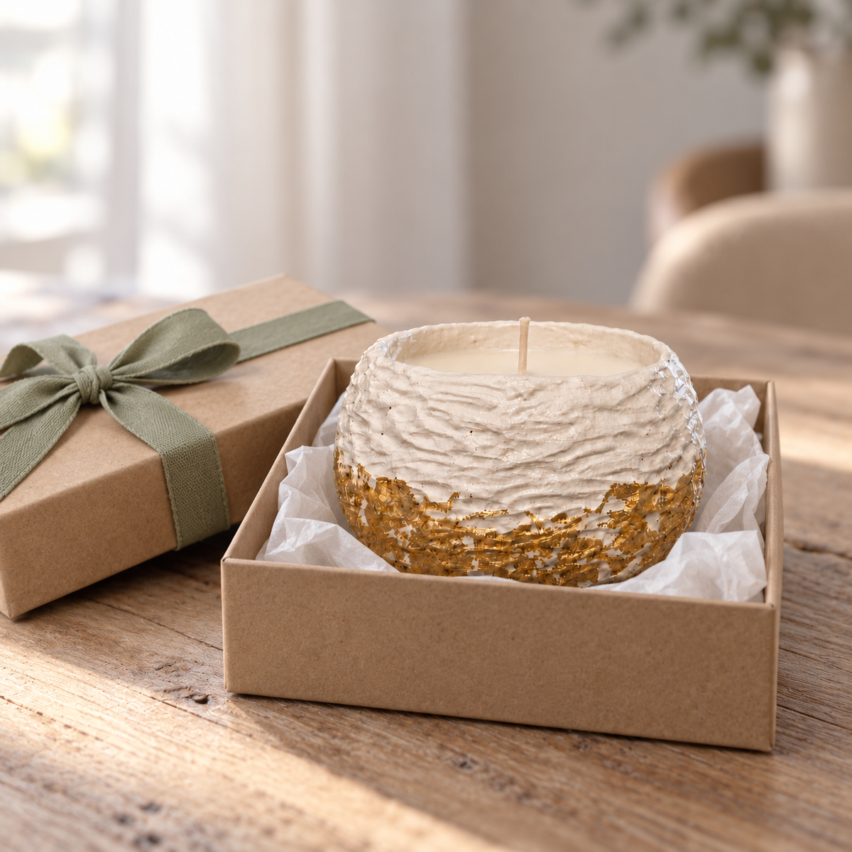 Carved Gold Leaf Candle "White Nest" Plumeria | Handmade Decorative | 1-Wick | Brand "Sofia P."