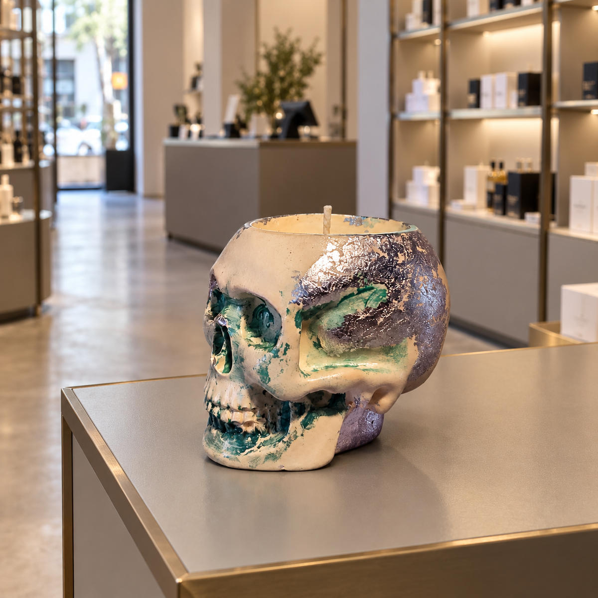 Skull White/Green Silver Leaf Candle Plumeria | Handmade Decorative | 1-Wick | Brand "Sofia P." (Copy)