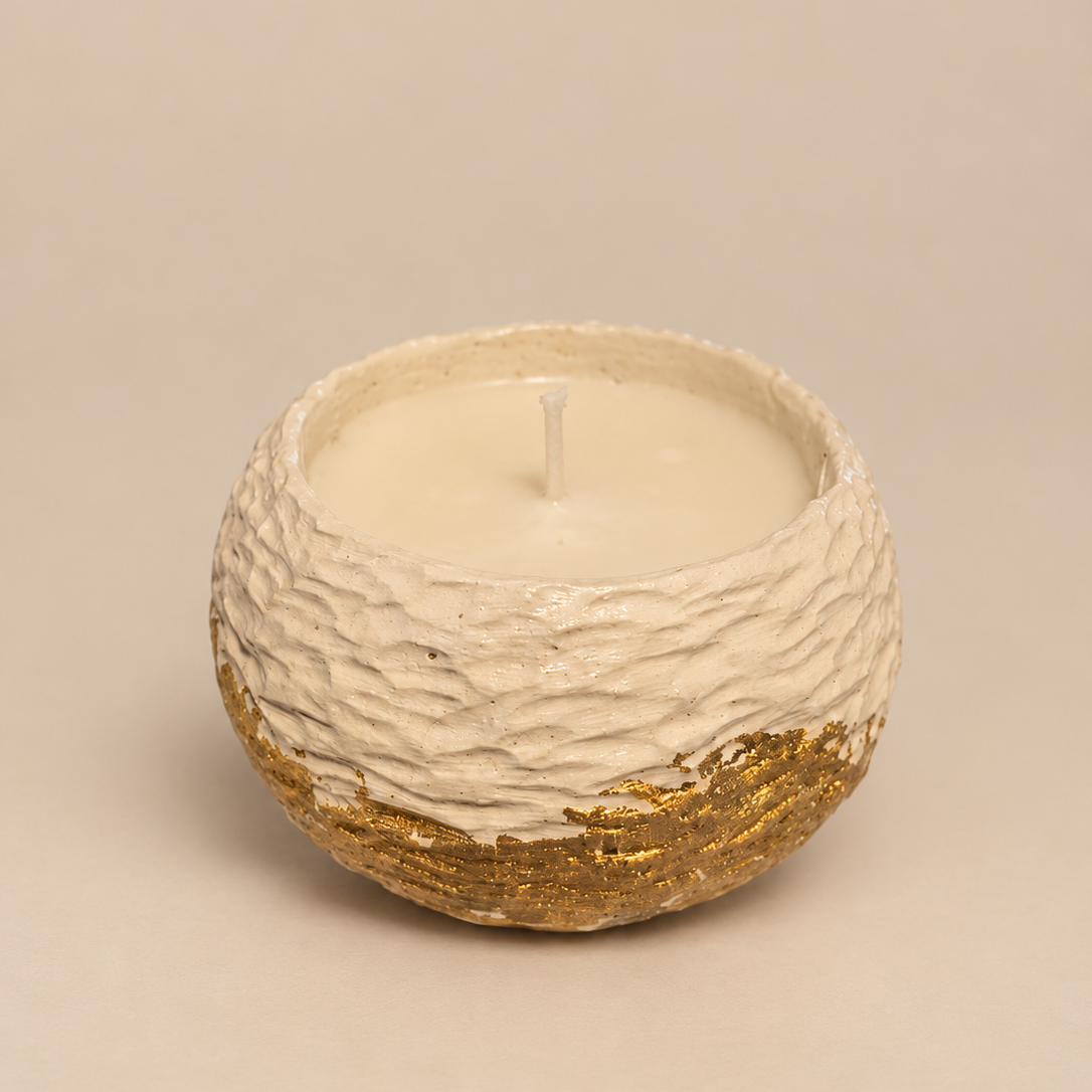 Carved Gold Leaf Candle "White Nest" Plumeria | Handmade Decorative | 1-Wick | Brand "Sofia P."